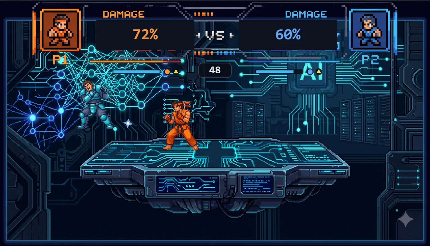 L’Arène de DeepLearn : deux combattants en pixel art s’affrontent sur une plateforme, au milieu d’un décor de circuits et de réseaux de neurones, avec leurs jauges de dégâts en haut de l’écran.