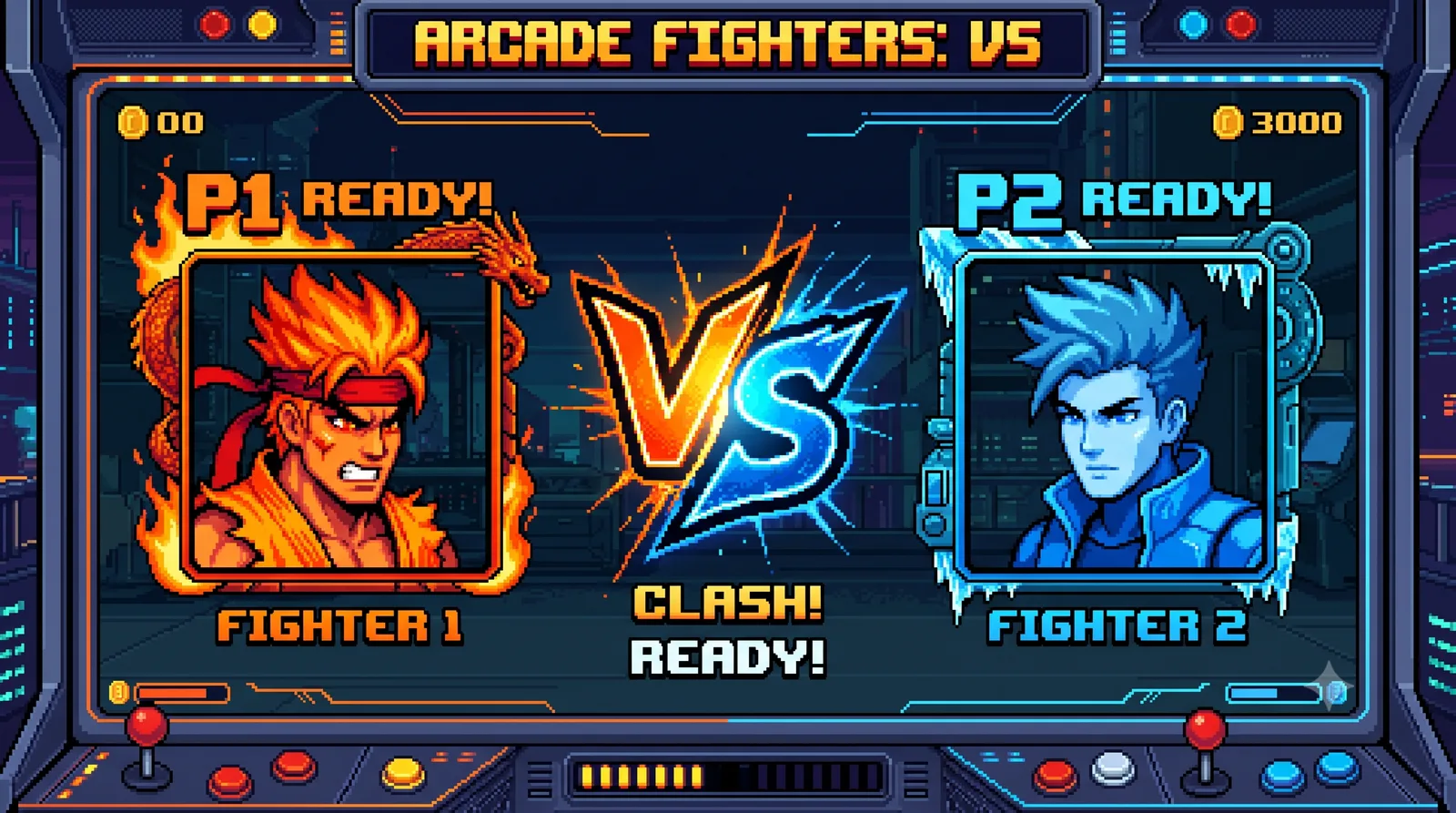 L’écran de présentation d’un combat dans l’Arène : deux combattants en pixel art, l’un de feu, l’autre de glace, face à face de part et d’autre d’un grand VS.